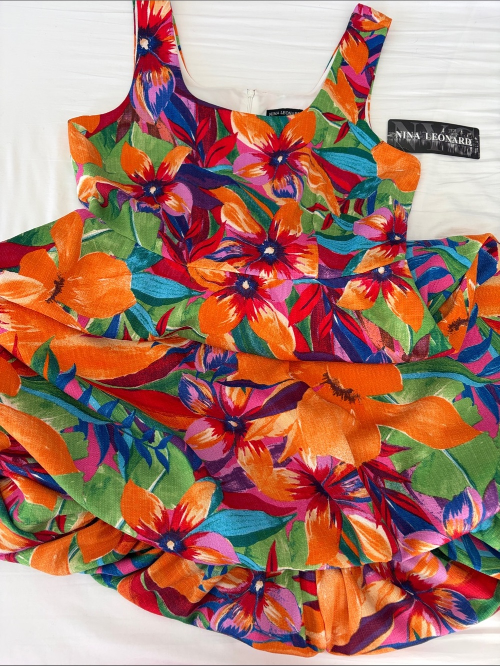 Nina Leonard Orange, Green & Pink Tropical Floral Sundress, Bubble Skirt, NWT
